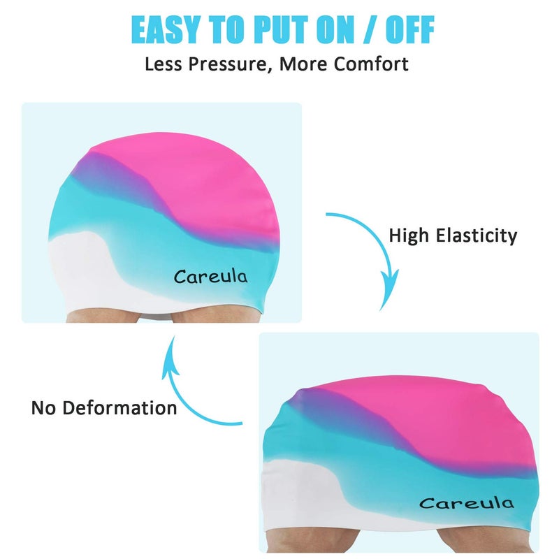 Careula Swim Cap, 2 Pack Durable Silicone Swimming Caps for Kids Girls Boys Youths (Age 2-12), Soft 3D Ergonomic Waterproof Kids Swim Caps, Comfortable Fit for Long Hair and Short Hair - Image 4